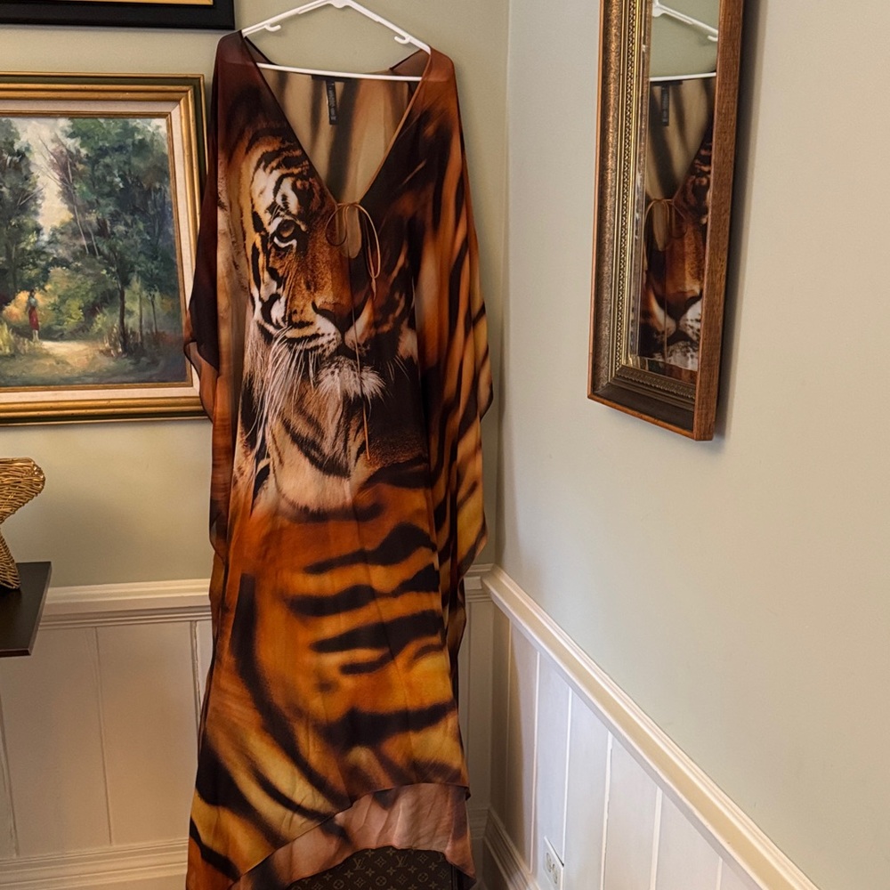 Skims Roberto Cavalli Tiger Animal Print Long Kaftan Dress L Large - Picture 2 of 6